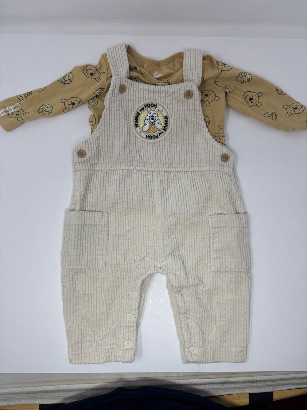 Disney Winnie the Pooh 2pc Corduroy Overalls & Long Sleeve Shirt Set 3-6m cream